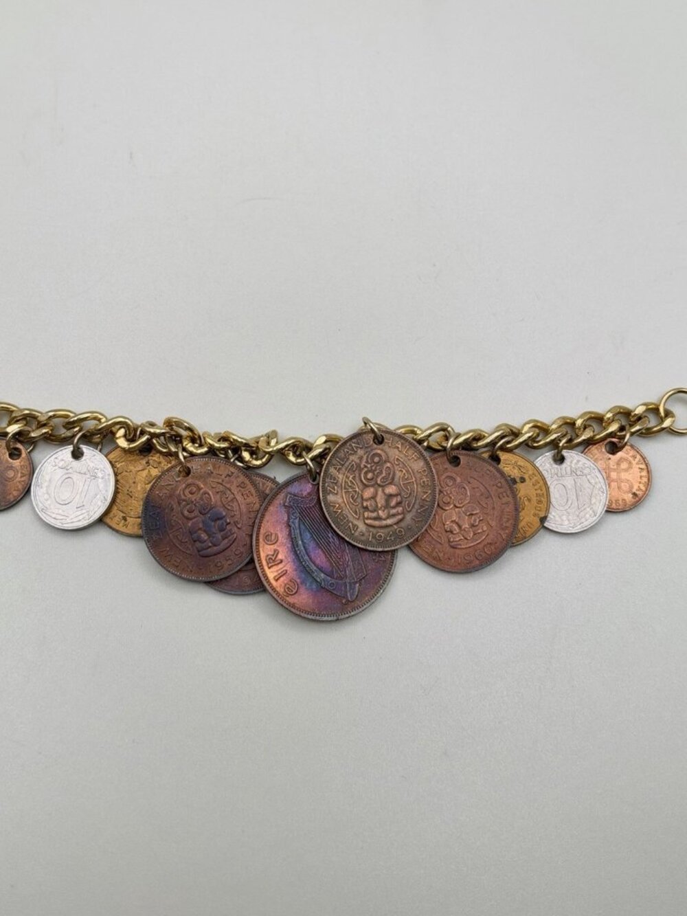 VTG World Coin Charm Bracelet Ireland New Zealand Mexico Spain Travel History
